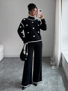 Elenzga Women's Elegant Knitted 2 Pieces Set, Khaki Old Money Style Casual Sweater Set - Black - View 7