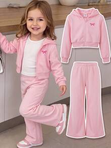 SHEIN Baby Girl Bow Embroidery Pattern Hooded Sweatshirt And Autumn Pants Casual Daily Outfit - Pink - View 9