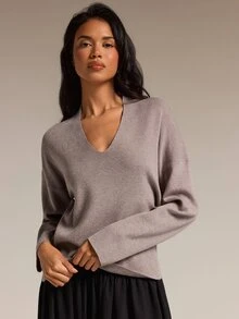 COSMINA Women's Solid Color V-Neck Dropped Shoulder Long Sleeve Casual Sweater - Khaki - View 3