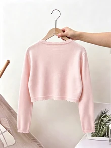 SHEIN Tween Girl Sweet Bow Decor Button Knit Cardigan - Pink - View 2