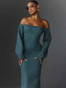 NYA SZN Denim Dress Maxi Cold Shoulder Long Sleeve Holiday Festival Special Occasion Everyday Casual Work Concert Going Out Club Party Medium Wash Fall Winter - Dark Wash - View 5