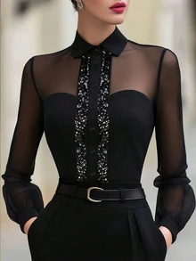 SHEIN Women's Collared Mesh Sheer Blouse, Sequin Placket Button-Down Long Sleeve Slim Fit Elegant Black Shirt - Black - View 2
