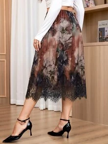 SHEIN Clasi 大尺碼女款花卉圖案對比蕾絲側開衩下擺優雅裙 - 彩色 - 查看 3