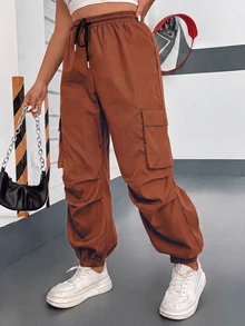 POPSWAY Plus Size Elastic Waist Drawstring Tie Multi-Pocket Casual Cargo Pants - Redwood - View 3