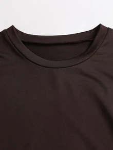 Sweetra New Casual Commute Minimalist Small Round Neck Waist-Flattering V-Hem Top And Wide Leg Pants Coffee Brown 2 Pieces Set - Coffee Brown - View 5