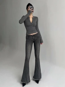 DAZY 女款半開襟鈕扣長袖修身T恤 - 深灰色 - 查看 4
