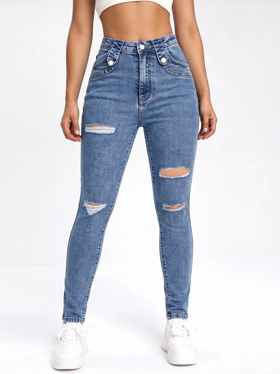 SHEIN EZwear 黑色斜口袋破洞緊身牛仔褲 - 藍色 - 查看 1