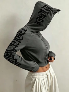 StreetHx 女款秋冬街頭風哥德字體短版前開襟運動衫 - 深灰色 - 查看 4