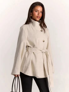 SHEIN BAE Women's Minimalist Button High Neck Long Sleeve Jacket Streetwear - Apricot - View 3