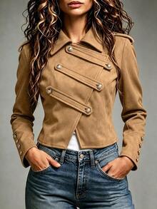 Flora Isola Flora Isola Jaket Lengan Panjang Wanita Warna Polos dengan Kerah, Kasual, Serbaguna, untuk Perjalanan Sehari-hari - Coffee Brown - View 3