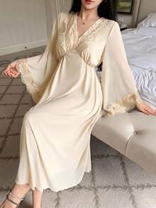 DAZY Women's Lace Patchwork V-Neck 3/4 Sleeve Waist-Cinching Long Dress Nightgown - Apricot - View 3