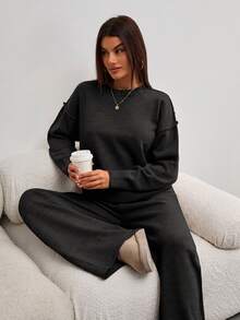 SHEIN Tall Women Round Neck Rib Knitted Sweater And Sweater Pant 2pcs Sets Co-Ord - Black - View 8