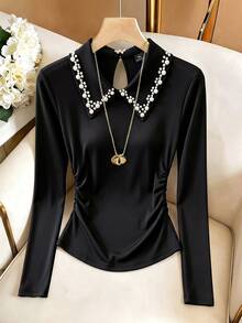 GlowEve CURVE Women's Fashion Elegant Beaded Collar Long Sleeve Ruched Waist T-Shirt, Suitable For Daily Commute, Home, Dating - Black - View 3
