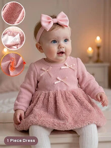 SHEIN 1 Piece Baby Girls Tutu Dress Cute Sweet Dusty Pink Bowknot Fuzzy Plush Skirt Long Sleeve Round Neck Thick Birthday Winter Fall Jumpers - Dusty Pink - View 3