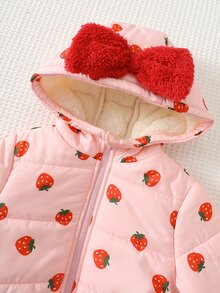 Cozy Pixies 女嬰可愛舒適厚絨內裡草莓圖案連帽外套，適合冬季穿著 - 粉色 - 查看 6