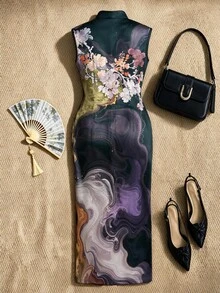 EastFlair Plus Size Women's Floral Print Cheongsam Collar Fitted Elegant Dress - Black - View 2