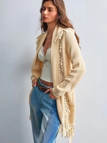 Willow Rêve Women's Beige Bohemian Tassel Knit Cardigan, Bohemian Style - Apricot - View 4