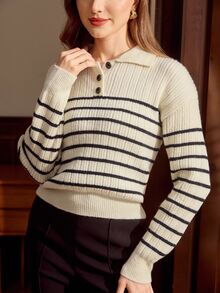 Vintamour Cream White & Black Ribbed Ribbed Polo Collar Knit Sweater, Loose Fit Long Sleeve For Women - Black and White - View 4