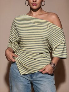 SHEIN BAE CURVE Áo thun nữ size lớn màu vàng kẻ sọc, tay lỡ, vai bất đối xứng - Màu vàng - Xem 1