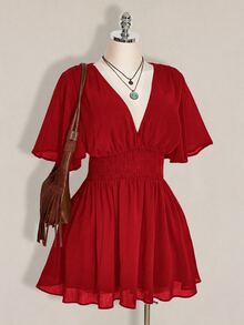 SHEIN ICON 大尺碼荷葉袖V領收腰A字洋裝，適合海灘度假、波希米亞風、嬉皮風、Y2K，適用夏季、夏季假期、情人節、優雅約會洋裝 - 紅色 - 查看 4