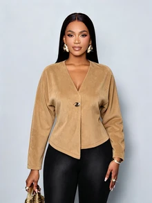 SOLERSUN Women's Autumn/Winter Casual Commute Khaki Wool-Like Fabric V-Neck Asymmetric Hem Button Long Sleeve Jacket - Khaki - View 2