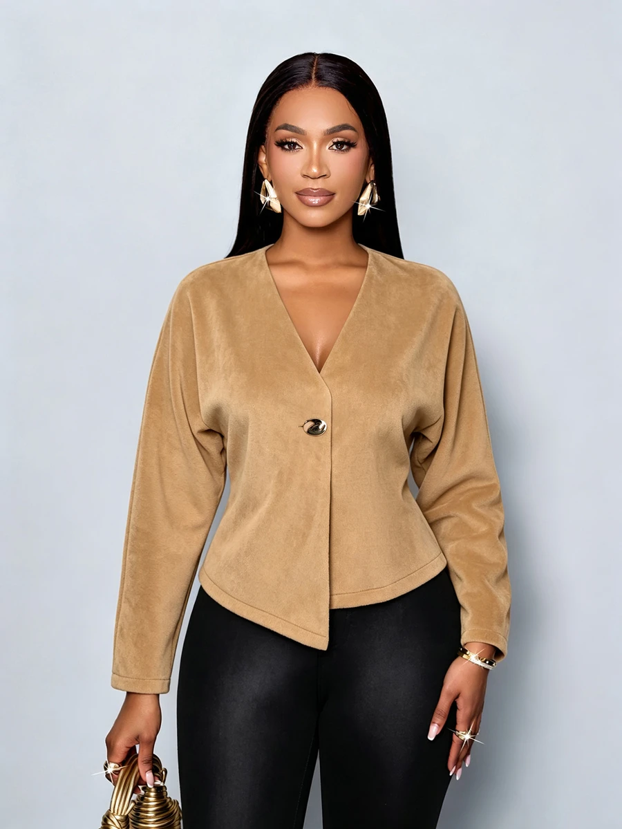 SOLERSUN Women's Autumn/Winter Casual Commute Khaki Wool-Like Fabric V-Neck Asymmetric Hem Button Long Sleeve Jacket