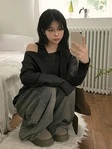 DAZY 女款純色圓領無袖背心與露肩休閒寬鬆針織毛衣 2 件套 - 黑色 - 查看 4