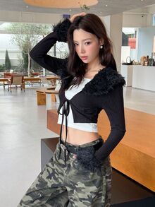 K-Vae Women's Autumn/Winter Black Jacket, Fur Collar Knitted Slim Fit Coat - Black - View 5