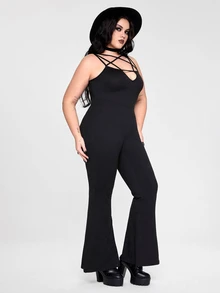 ROMWE Y2K Plus Size Women Dark Gothic Punk Style Star Lace-Up Flare Leg Sexy Jumpsuit - Black - View 5