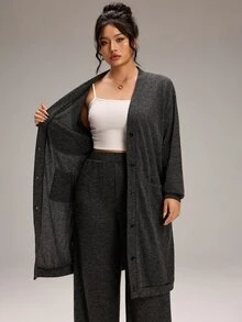 EMERY ROSE Plus Size Women Solid Color Long Sleeve Single-Breasted Jacket And Pants Casual 2 Pieces Set Fall - Dark Grey - View 10