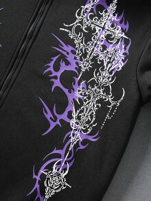 ROMWE MEN Goth 男士圖案印花拉鍊連帽外套 - 黑色 - 查看 6