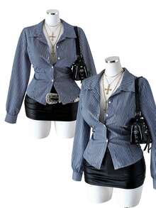 Sunspun Women's Plus Size Blue White Stripe Cinched Waist Casual Elegant Sexy Smart Shirt Fall Office Party Night - Blue - View 1