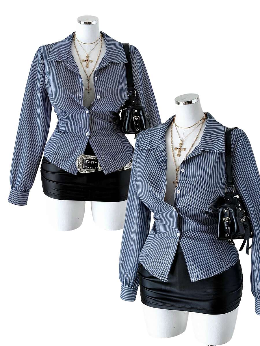 Sunspun Women's Plus Size Blue White Stripe Cinched Waist Casual Elegant Sexy Smart Shirt Fall Office Party Night - Blue - View 1