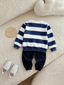 SHEIN 2件組新生兒套頭衫+長褲水手造型套裝，嬰兒套頭衫與休閒長褲套裝，嬰兒長褲套裝 - 藏蓝色 - 查看 2