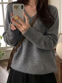 DAZY 女款V領長袖寬鬆休閒毛衣 - 灰色 - 查看 1
