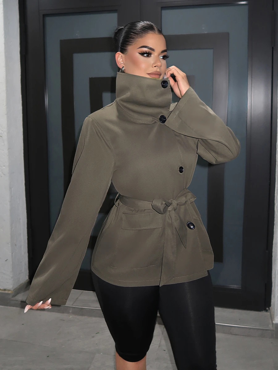 SHEIN SXY Women's Solid Color Long Sleeve Single-Breasted Casual Trench Coat Jacket - Khaki - View 1