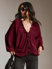 COSMINA Women's V-Neck Ruffle Trim Pleated Design Loose Fit Top, Comfortable Fabric Fashionable Design Top - Burgundy - View 4