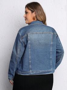 EMERY ROSE Áo khoác denim tay dài cài cúc co giãn phong cách tối giản size lớn - Rửa trung bình - Xem 2