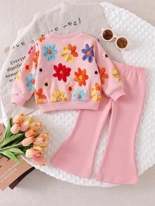 SHEIN Playful Pals 1套女嬰休閒時尚可愛甜美3D仿刺繡花卉 - 彩色 - 查看 2