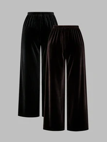 Sweetra Women's Autumn Black & Coffee Dual-Color Casual Comfortable Versatile Velvet Draped Straight Leg Wide Leg Pants 2 Pieces Set - Multicolor - View 2