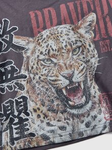 ROMWE Summer Street Style Hot Girl New Chinese Style Chinese Character Tiger Seal Print Asymmetric Shoulder Rolled Hem Loose Short T-Shirt - Grey - View 3
