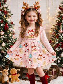 Kids Young Girl Reindeer Christmas Pattern Print Ruffle Hem Dress Creative Gift - Multicolor - View 7