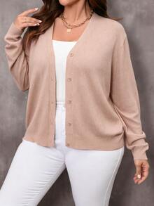 EMERY ROSE Plus Size Solid Color V-Neck Long Sleeve Cardigan - Apricot - View 5