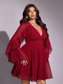 Viva Relle 大尺碼女款深V領喇叭袖時尚性感酒紅色洋裝 - 酒紅色 - 查看 4