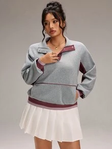 EMERY ROSE Plus Size Women's Colorblock Raglan Long Sleeve Button Half-Placket Casual Sweatshirt - Grey - View 3