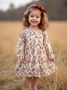 SHEIN Baby Girl Ditsy Floral Round Neck Ruffle Cuff Cute Dress - Pink - View 1