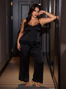 SilkySpell Plus Size Lace Trim Patchwork High Elastic Satin Top + Pants 2 Pieces Set - Black - View 6