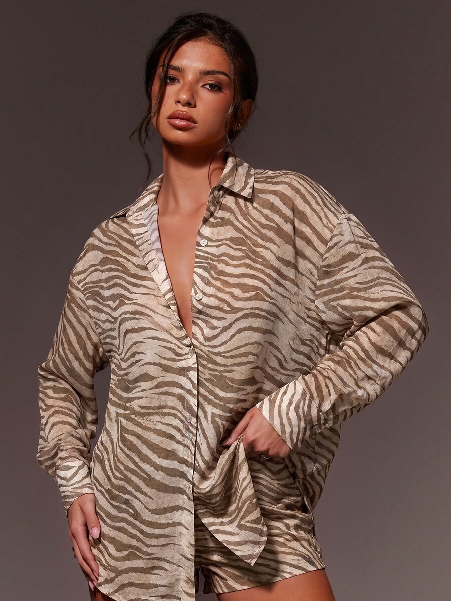 SHEIN X GALILEA Athîral Women's Zebra Print Casual Daily Wear Shirt - Coffee Brown - View 1