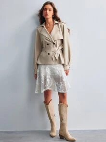 Willow Rêve Women's Short Double-Breasted Long Sleeve Khaki Trench Coat - Khaki - View 5