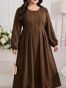 Solavon Plus Size Women's Solid Color Pleated Casual Party Arabian Dress - Camel - View 8